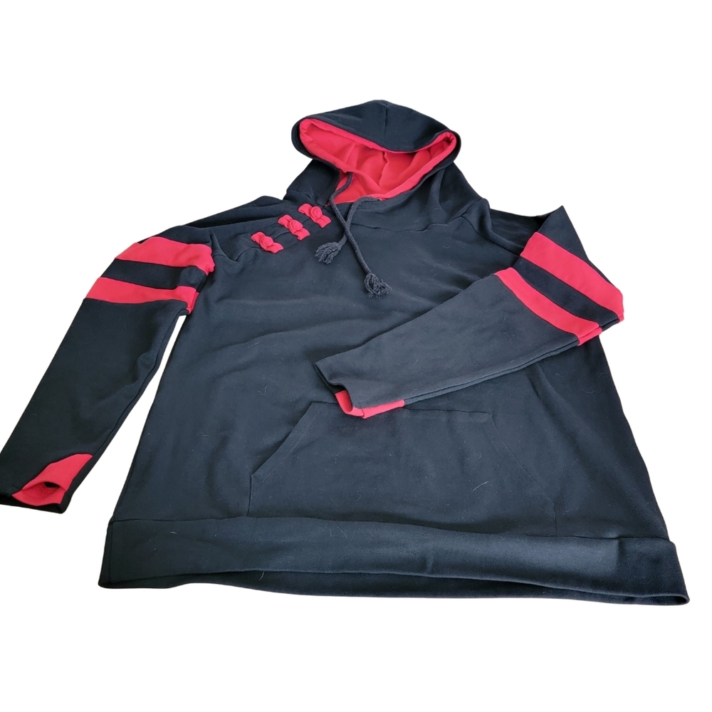 Womens Hoodie Black With Red Details Slim Fit Double Hood Fits Sz 1X/2X - Picture 2 of 14